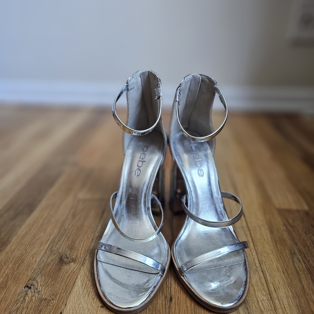 Bebe Shiny Silver Strappy Heels